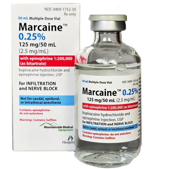 Marcaine injections: local anesthetic used for pain relief during surgeries and medical procedures.