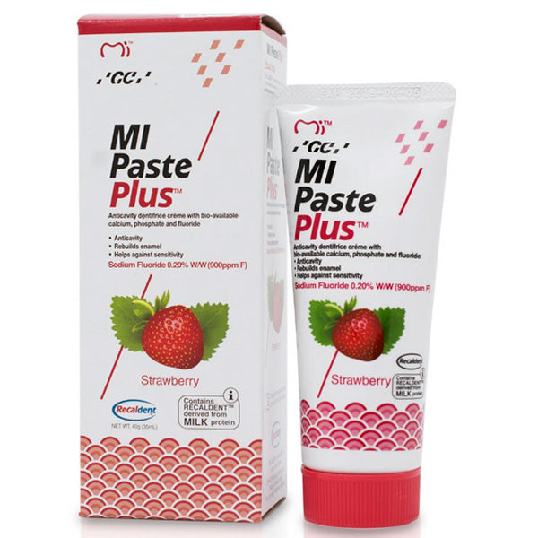MI Paste Strawberry: Strengthens enamel, boosts dental health, and enhances oral hygiene with a delicious strawberry flavor.