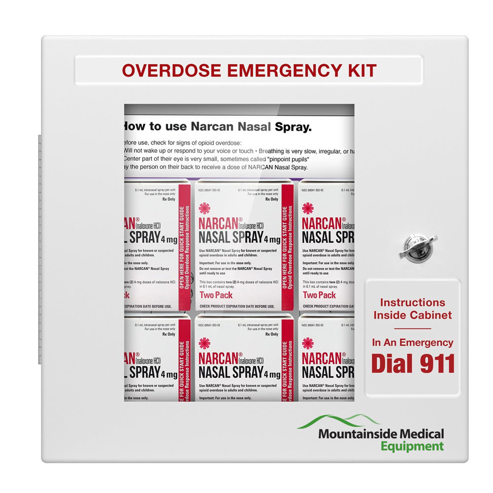 A secured Narcan Cabinet containing naloxone kits for public access, essential for emergency opioid overdose response and lifesaving interventions.