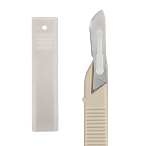 A set of scalpels neatly arranged on a sterile surgical tray, alongside forceps and scissors, underscoring their role in precise surgical procedures and medical interventions.