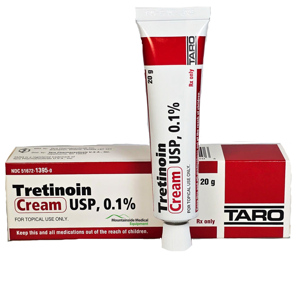 Tretinoin cream tube for acne treatment and wrinkle reduction, promoting smoother skin and enhanced cellular turnover.