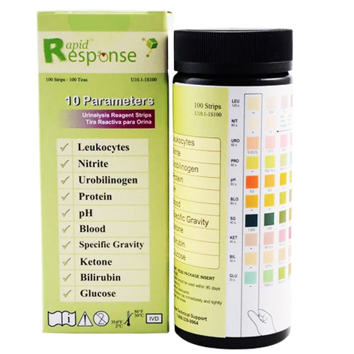 Urine reagent test strips for rapid analysis of glucose, protein, pH, and ketones to monitor kidney and urinary tract health.