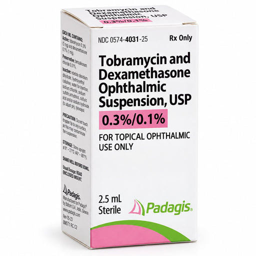 A box of Tobramycin and Dexamethasone Ophthalmic Suspension, USP 0.3% / 0.1%. 00574-4031-25 Padagis