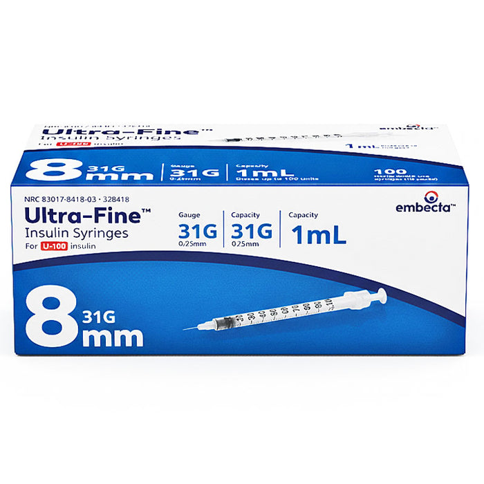 Embecta Insulin System Insulin Syringes 31 g x 8 mm 1 mL Ultra-Fine 100/Box | 328418 ...
