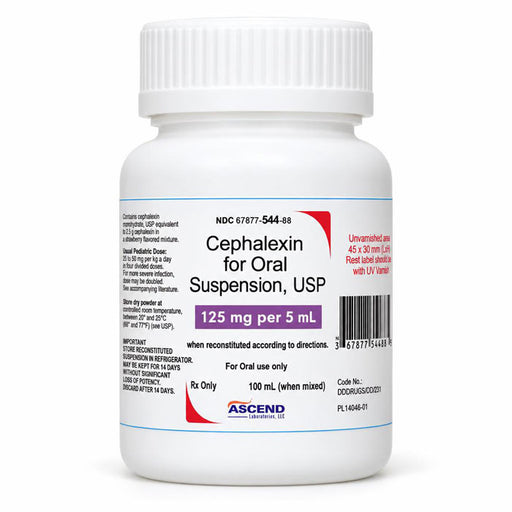 Cephalexin Oral Solution 250 mg/ 5 mL, 100 mL by Ascend.  NDC 67877-0545-88