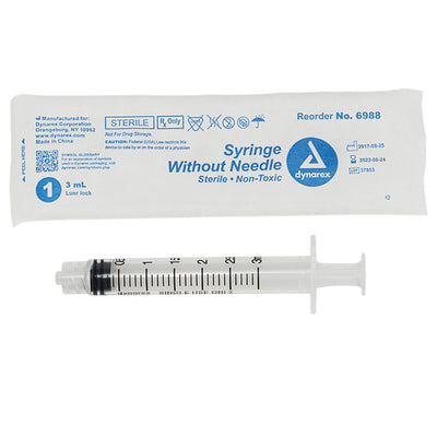 Luer Lock Syringes 3 mL without Needle, 100/Box by Dynarex 6988