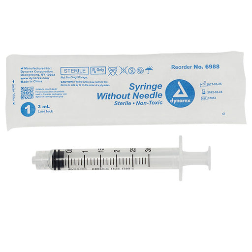 Luer Lock Syringes 3 mL without Needle, 100/Box by Dynarex 6988
