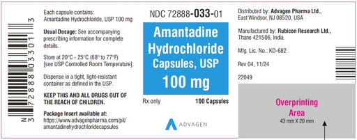 Label for Amantadine Hydrochloride 100mg Tablets by Advagen Pharma.