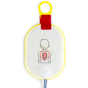 Colorful pediatric electrode pad with yellow and red plastic parts, designed for use with Philips HeartStart defibrillators