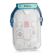 Philips HeartStart defibrillator with child or infant electrode pad, blue plastic casing, pull handle, and illustrated child diagram