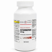 White plastic bottle of Geri-Care Acetaminophen 325 mg tablets with label showing pain relief and fever reduction, 1000 count