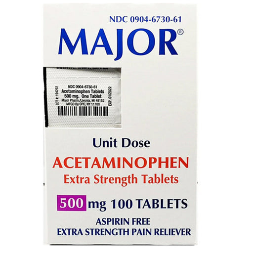 Major Pharmaceuticals Acetaminophen 500 mg Unit Dose Tablets 10 Pack x 10/Box | Mountainside Medical Equipment 1-888-687-4334 to Buy