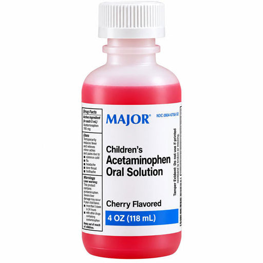 A bottle of Major Children's Acetaminophen Oral Solution, Cherry Flavored, 4 oz (118 mL), featuring a white cap and a white label with red liquid visible through the clear bottle.