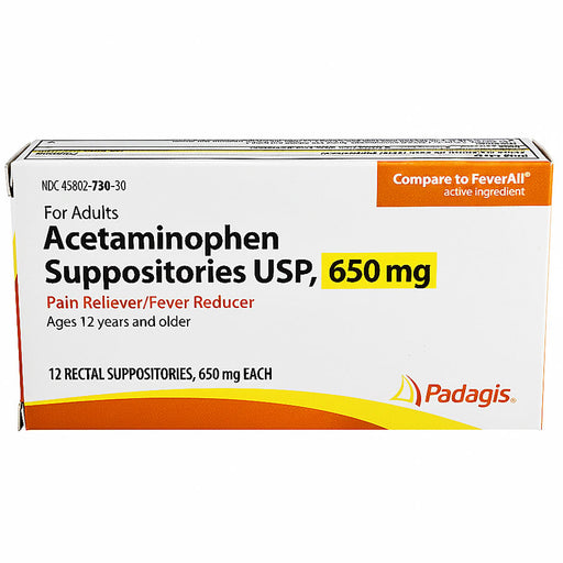 Acetaminophen Suppositories 650 mg Pain Reliever/ Fever Reducer, 12 Count by Padagis