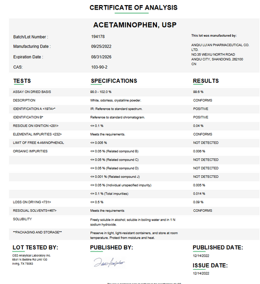 Acetaminophen USP For Compounding (API) (Rx) 500 g 1 Kg