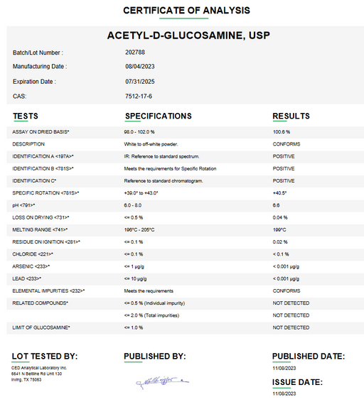 Certificate of Analysis for Acetyl-D-Glucosamine USP by Medisca