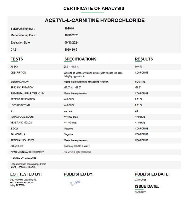 AcetylLcarnitine HCl USP Energy & Neuro Support API — Mountainside