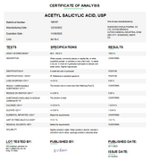 Laboratory certificate of analysis for Acetyl Salicylic Acid USP, showing detailed test results, batch number, and expiration date