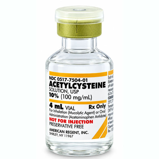 A 4 mL vial of Acetylcysteine Solution, 10% (100 mg/mL), with a clear cap and a white label featuring yellow and red text, manufactured by American Regent.
