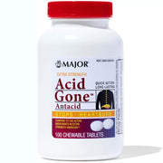 White bottle of Acid Gone Extra Strength Antacid Chewable Tablets with red lid, label highlighting quick heartburn relief and 100 chewables