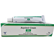 Silver tube of Acyclovir Cream 5% for topical treatment of herpes and shingles, with green and white packaging, 5g size, Rx only