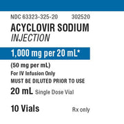 Acyclovir Sodium Injection vial label showing 50 mg/mL concentration, 20 mL single dose vial, for IV infusion, with blue and white design