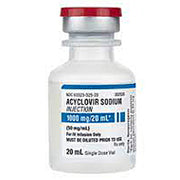 Acyclovir Sodium Injection 50 mg/mL vial with white body, red cap, and label displaying 900 mg/20 mL, for treating herpes and viral infections