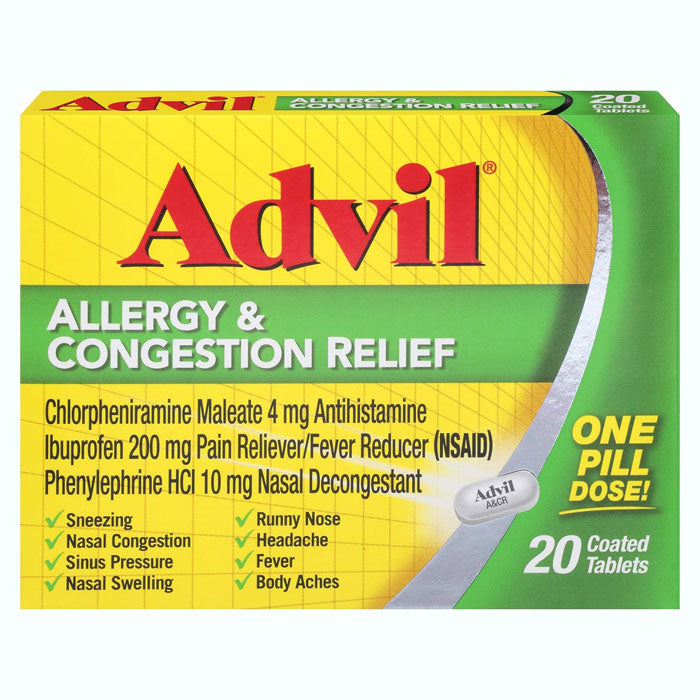 Advil Allergy & Sinus Relief Medicine for quick relief from congestion, sinus pressure, and allergy symptoms in a convenient package.