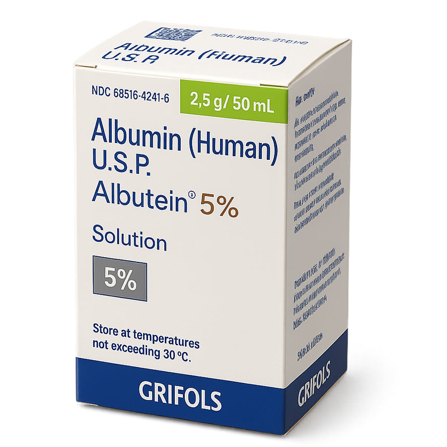 Box of Albumin (Human) U.S.P. Albutein 5% Solution by Grifols for Hypoalbuminemia.