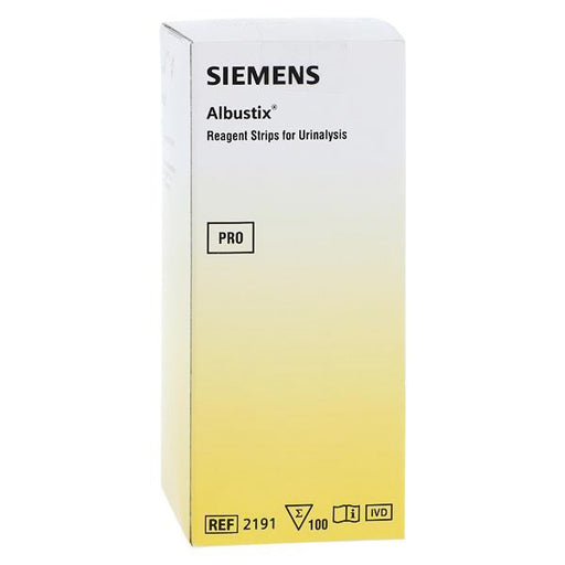 Albustix Protein Urine Reagent Strips box, 100 count, used for urinalysis testing to detect protein in urine samples.