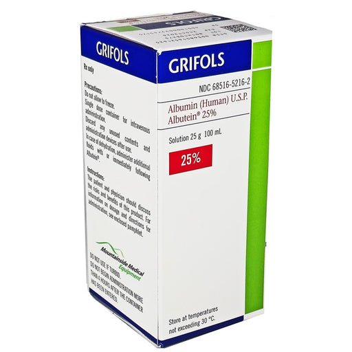 Albutein 25% (Human) Albumin Solution vial for plasma volume expansion and protein replenishment in critical care and hypoalbuminemia.