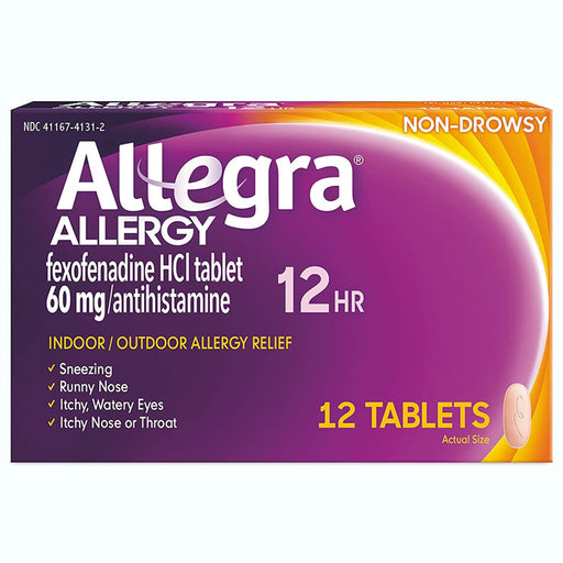 Allegra Allergy 12 Hour 60 mg Tablets, 12 Count, Non-Drowsy relief for hay fever, sneezing, runny nose, and itchy eyes.