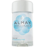 Almay Sensitive Skin clear gel anti-perspirant deodorant in a transparent container with blue bubbles, fragrance-free, 2.25 oz