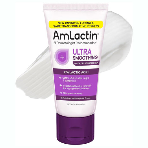 AmLactin Ultra Smoothing 15% Lactic Acid cream in a white squeeze tube with a purple cap, shown against a white background with a smear of white cream behind it.