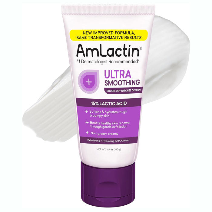 AmLactin Ultra Smoothing 15% Lactic Acid cream in a white squeeze tube with a purple cap, shown against a white background with a smear of white cream behind it.