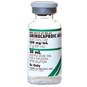 Aminocaproic Acid Injection 250 mg vial used for controlling surgical bleeding, reducing fibrinolysis, shown with medical tools.