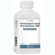 White plastic bottle of Aminocaproic Acid Oral Solution with label showing 0.25 grams/mL concentration, 8 fl oz (236.5 mL), for bleeding control
