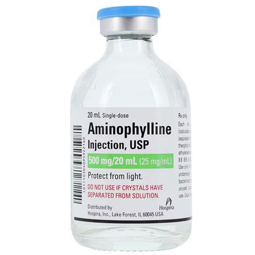 Aminophylline for Injection 500 mg vial, a bronchodilator used in managing asthma, COPD, and improving respiratory function.