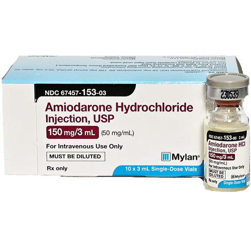 Close-up of Amiodarone HCL vial with label showing 150mg/3mL, clear glass vial with gray cap, SKU: 67457-0153-03ea