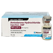 Box of Amiodarone Hydrochloride Injection 150mg/3mL single-dose vials for intravenous use, white and blue packaging with vial image, SKU: 67457-0153-03ea
