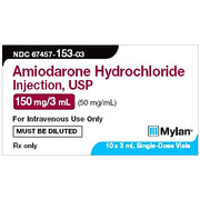 Detailed view of the Amiodarone Hydrochloride Injection box with label highlighting 150 mg/3 mL dose, SKU: 67457-0153-03ea