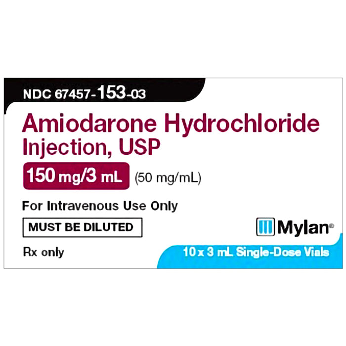 Detailed view of the Amiodarone Hydrochloride Injection box with label highlighting 150 mg/3 mL dose, SKU: 67457-0153-03ea