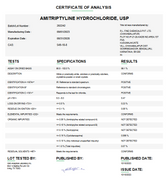 Amitriptyline Hydrochloride USP Certificate of Analysis