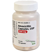 Amoxicillin 500mg capsules used to treat bacterial infections; common antibiotic for respiratory and urinary tract.