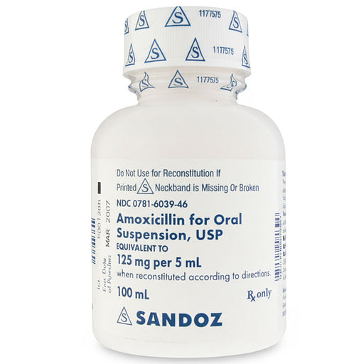 Amoxicillin Oral Suspension Liquid 125 mg per 5 mL Sandoz 00781-6039-46