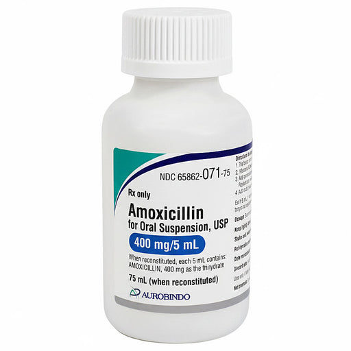 Amoxicillin Oral Suspension Liquid 400 mg by Aurobindo. NDC: 65862-0071-75