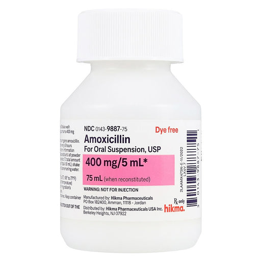 Amoxicillin Oral Suspension Liquid 400mg/5ml Dye Free 75 mL
