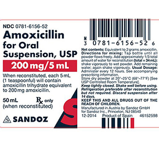 Antibiotic Medicine, | Amoxicillin Trihtdrate for Oral Suspension 200mg / 5mL 50 mL (Rx)