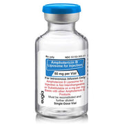 Clear glass vial with blue cap containing Amphotericin B Liposome for injection, labeled with 50 mg dosage, used for serious fungal infections
