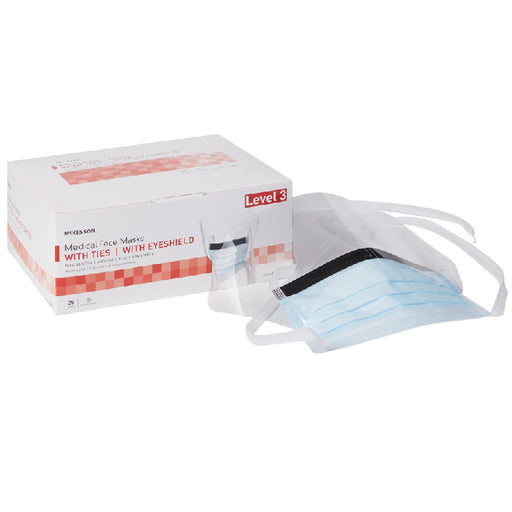 McKesson Anti-Fog Surgical Face Mask with Eye Shield Protector, Pleated with Tie Closure, ASTM Level 3 25/Box | Mountainside Medical Equipment 1-888-687-4334 to Buy